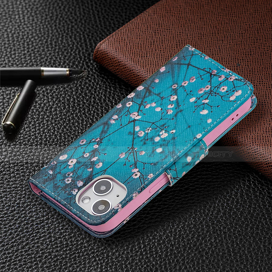 Handytasche Stand Schutzhülle Flip Leder Hülle Blumen L01 für Apple iPhone 13 Mini Cyan