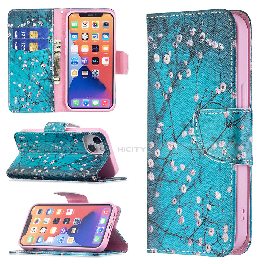 Handytasche Stand Schutzhülle Flip Leder Hülle Blumen L01 für Apple iPhone 14 Cyan groß