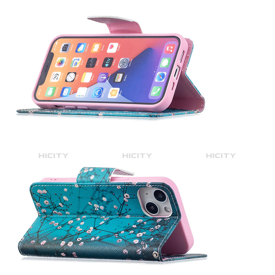 Handytasche Stand Schutzhülle Flip Leder Hülle Blumen L01 für Apple iPhone 14 Cyan groß