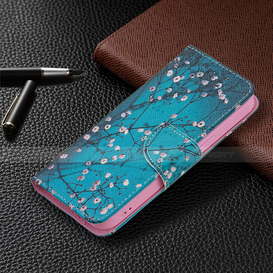 Handytasche Stand Schutzhülle Flip Leder Hülle Blumen L01 für Apple iPhone 14 Cyan groß