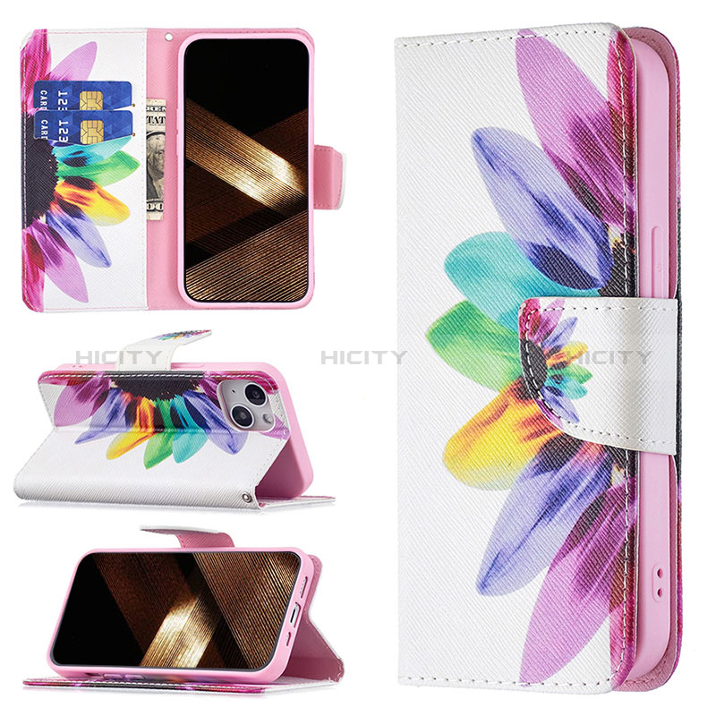 Handytasche Stand Schutzhülle Flip Leder Hülle Blumen L01 für Apple iPhone 15 Bunt