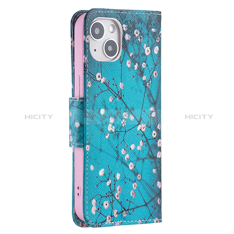 Handytasche Stand Schutzhülle Flip Leder Hülle Blumen L01 für Apple iPhone 15 Cyan groß