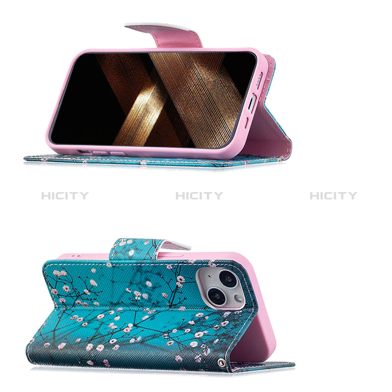 Handytasche Stand Schutzhülle Flip Leder Hülle Blumen L01 für Apple iPhone 15 Cyan groß