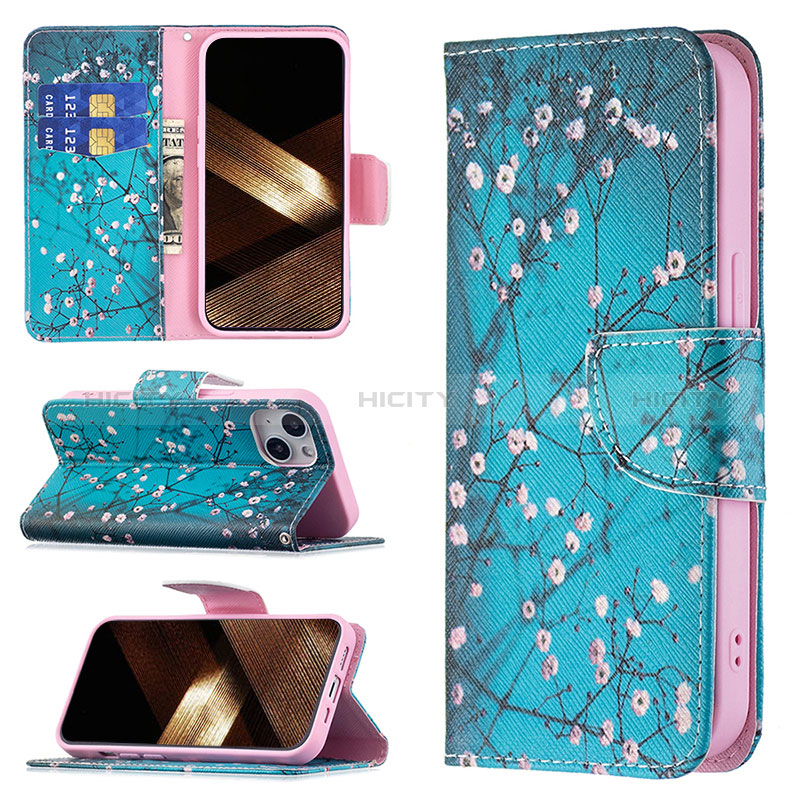 Handytasche Stand Schutzhülle Flip Leder Hülle Blumen L01 für Apple iPhone 15 Plus Cyan