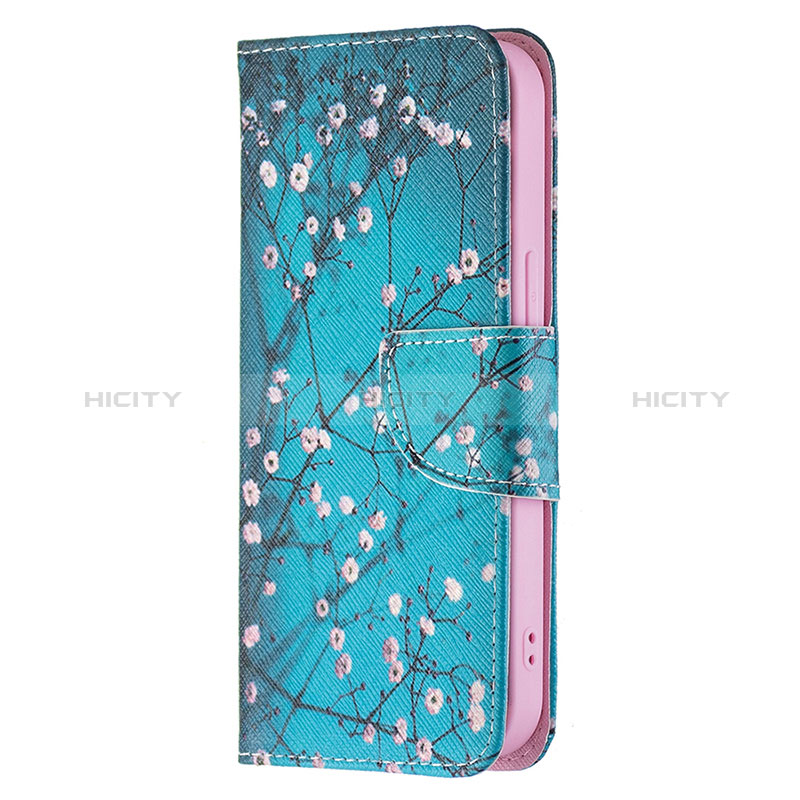 Handytasche Stand Schutzhülle Flip Leder Hülle Blumen L01 für Apple iPhone 15 Plus Cyan