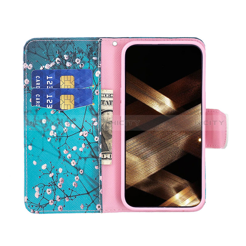 Handytasche Stand Schutzhülle Flip Leder Hülle Blumen L01 für Apple iPhone 15 Plus Cyan