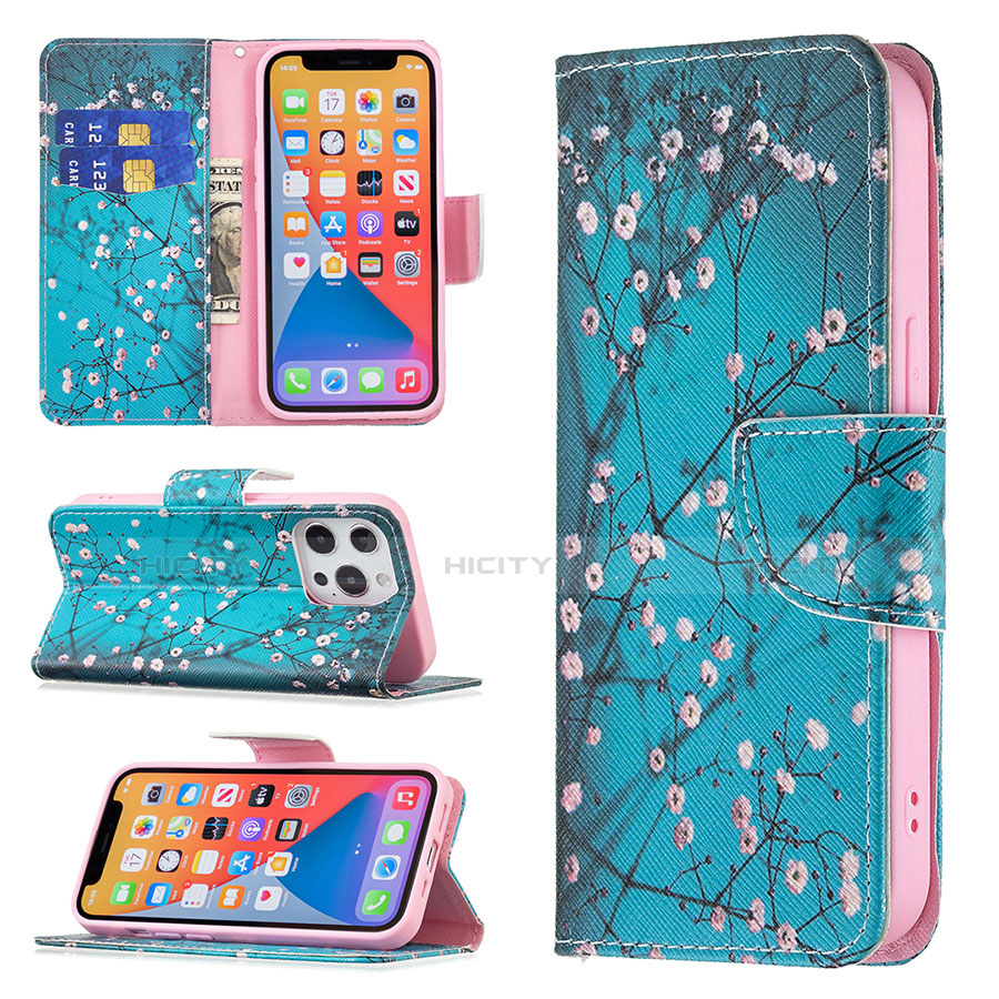 Handytasche Stand Schutzhülle Flip Leder Hülle Blumen L02 für Apple iPhone 13 Pro Cyan