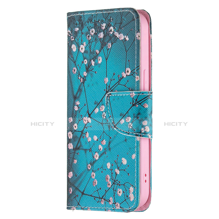 Handytasche Stand Schutzhülle Flip Leder Hülle Blumen L02 für Apple iPhone 13 Pro Max Cyan