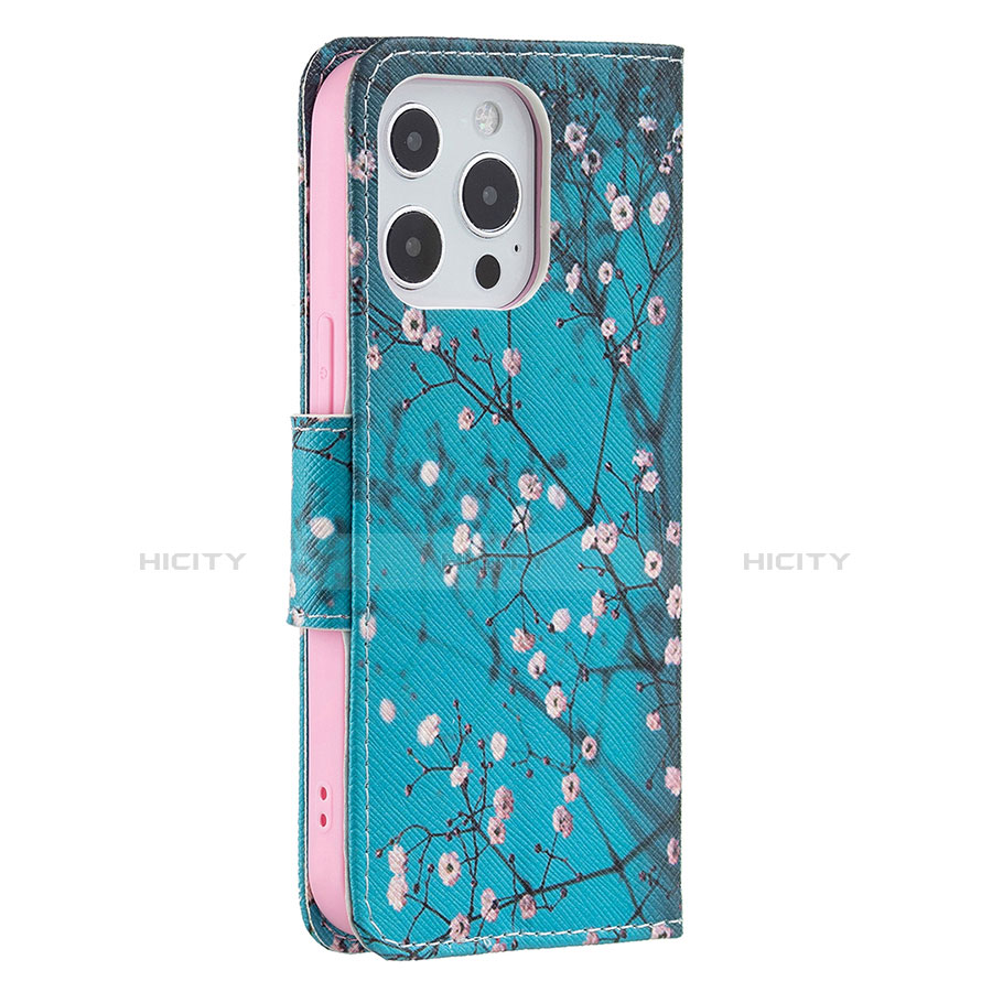 Handytasche Stand Schutzhülle Flip Leder Hülle Blumen L02 für Apple iPhone 13 Pro Max Cyan