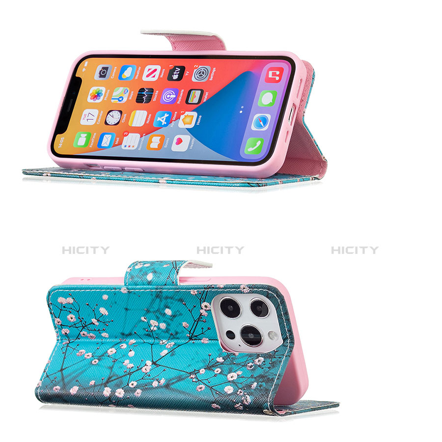 Handytasche Stand Schutzhülle Flip Leder Hülle Blumen L02 für Apple iPhone 13 Pro Max Cyan