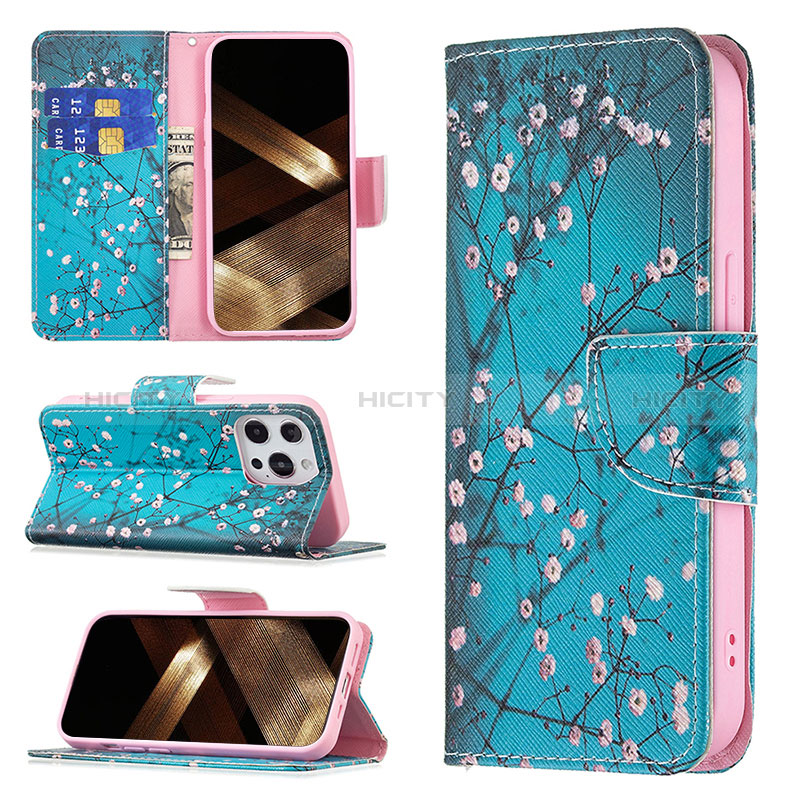 Handytasche Stand Schutzhülle Flip Leder Hülle Blumen L02 für Apple iPhone 14 Pro Cyan