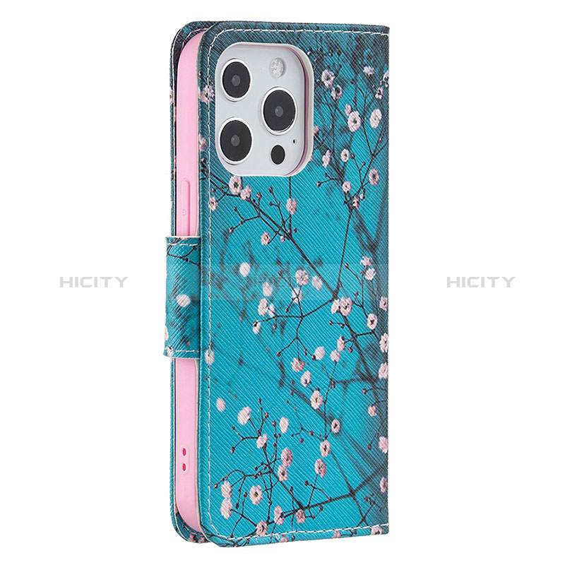 Handytasche Stand Schutzhülle Flip Leder Hülle Blumen L02 für Apple iPhone 14 Pro Cyan