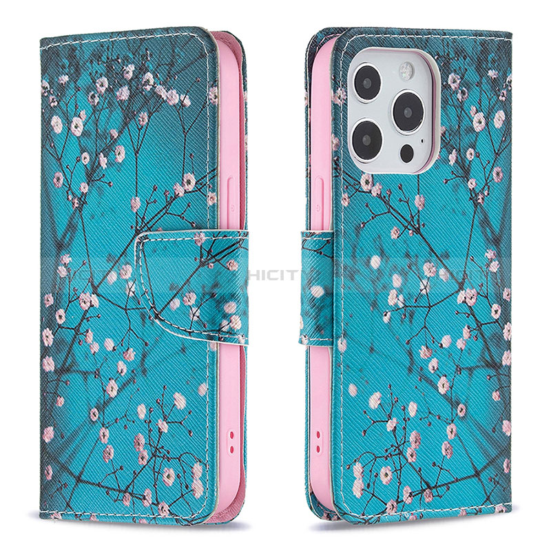 Handytasche Stand Schutzhülle Flip Leder Hülle Blumen L02 für Apple iPhone 14 Pro Cyan