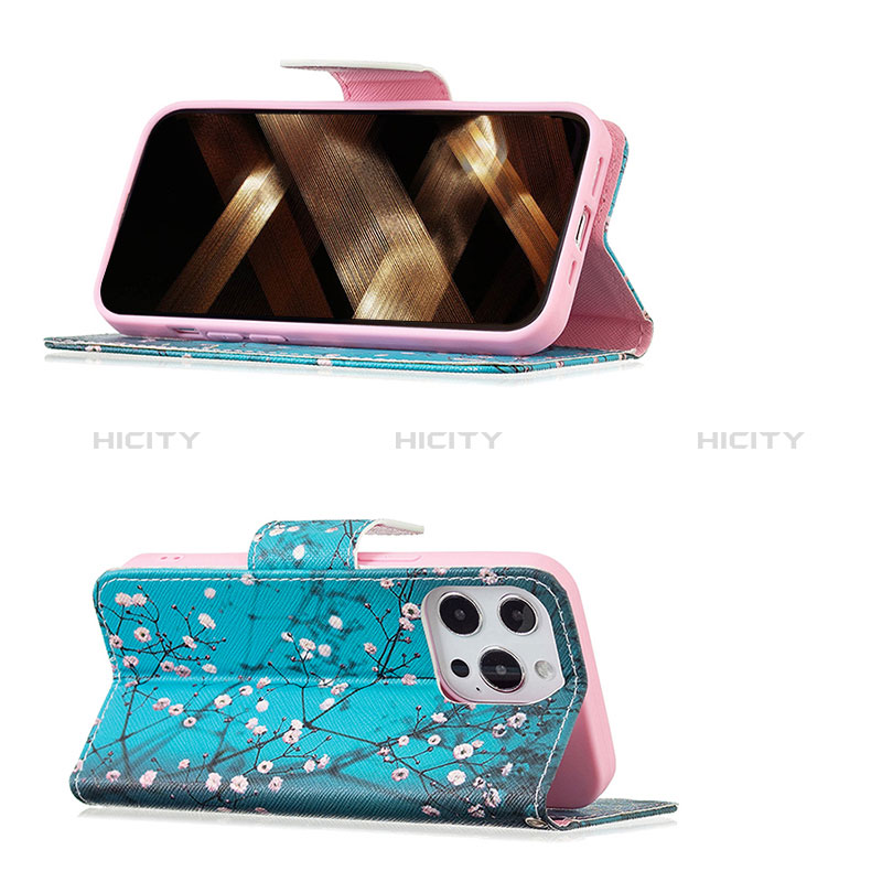 Handytasche Stand Schutzhülle Flip Leder Hülle Blumen L02 für Apple iPhone 14 Pro Cyan