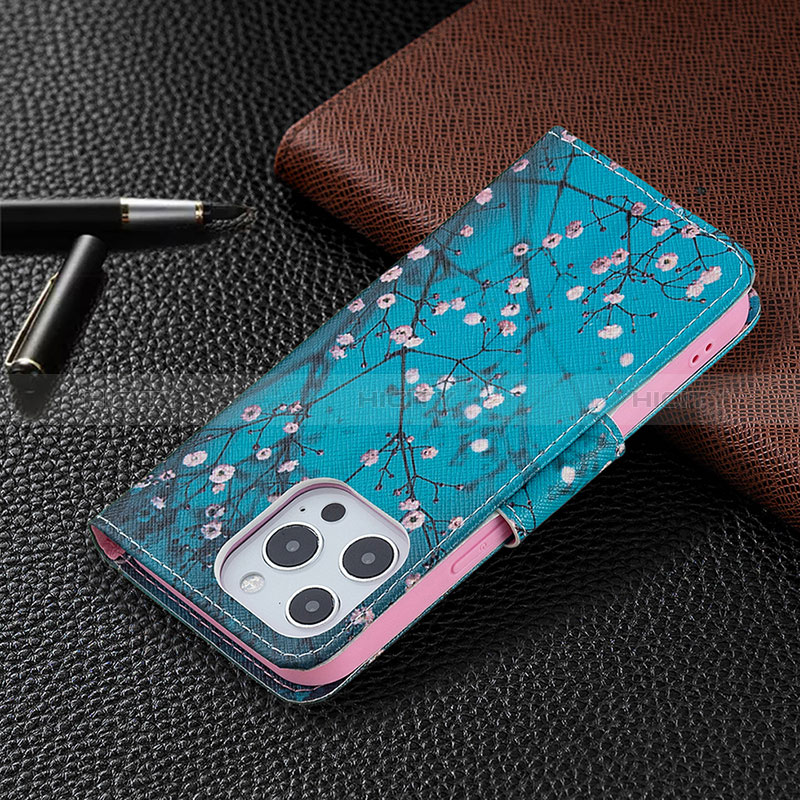 Handytasche Stand Schutzhülle Flip Leder Hülle Blumen L02 für Apple iPhone 14 Pro Cyan