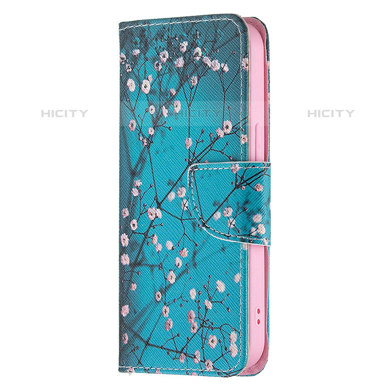 Handytasche Stand Schutzhülle Flip Leder Hülle Blumen L02 für Apple iPhone 15 Pro Cyan