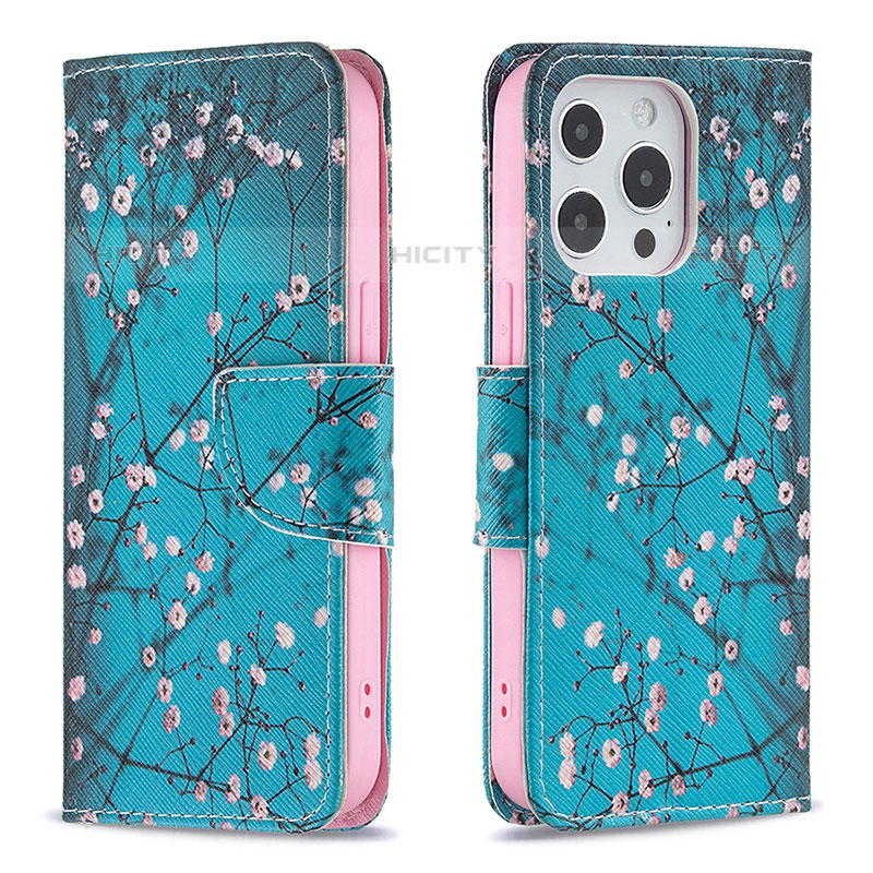 Handytasche Stand Schutzhülle Flip Leder Hülle Blumen L02 für Apple iPhone 15 Pro Cyan