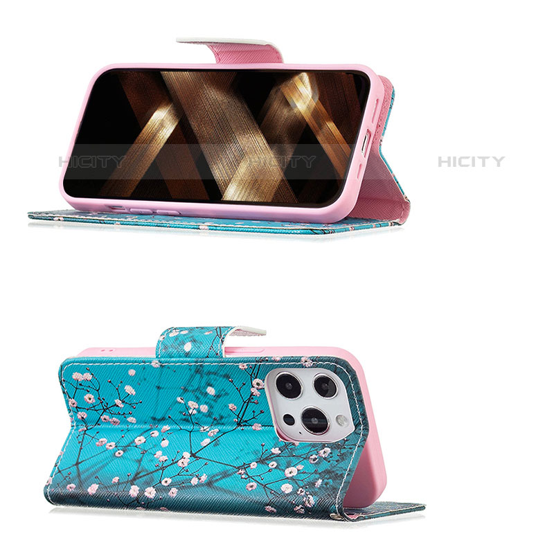 Handytasche Stand Schutzhülle Flip Leder Hülle Blumen L02 für Apple iPhone 15 Pro Cyan