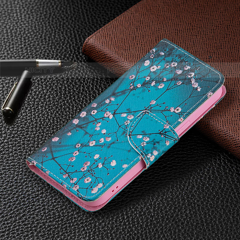 Handytasche Stand Schutzhülle Flip Leder Hülle Blumen L02 für Apple iPhone 15 Pro Cyan