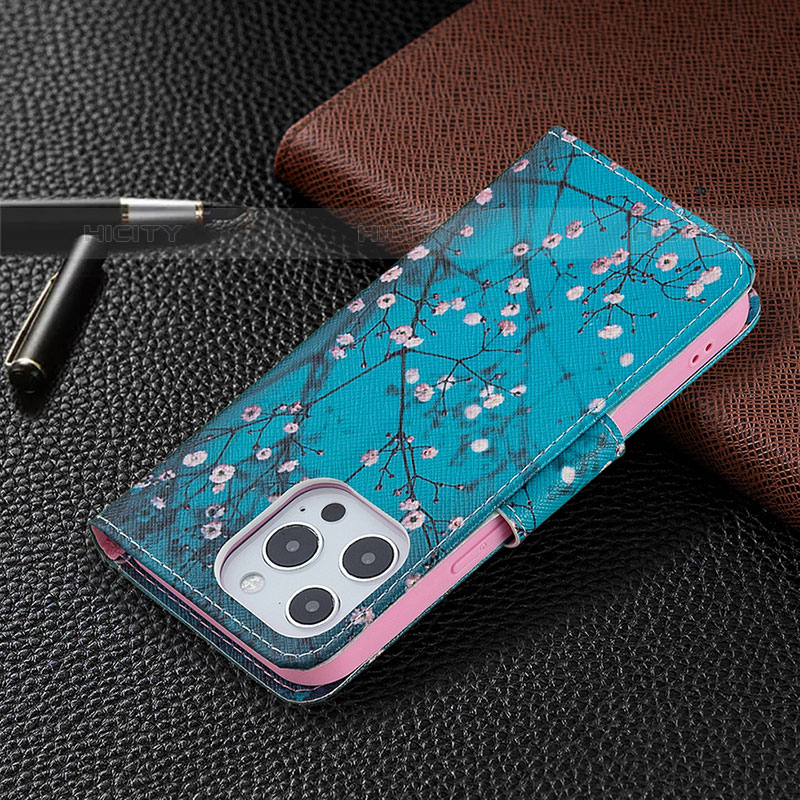 Handytasche Stand Schutzhülle Flip Leder Hülle Blumen L02 für Apple iPhone 15 Pro Cyan