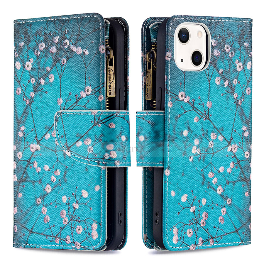 Handytasche Stand Schutzhülle Flip Leder Hülle Blumen L03 für Apple iPhone 13 Cyan