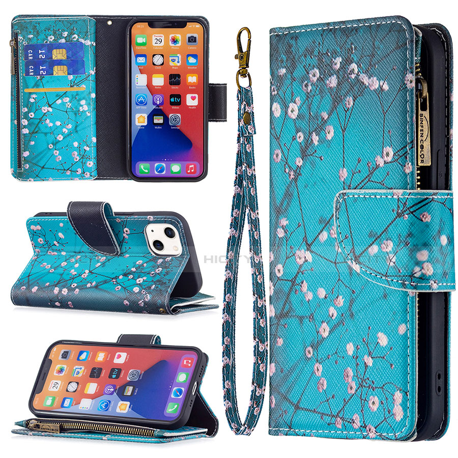 Handytasche Stand Schutzhülle Flip Leder Hülle Blumen L03 für Apple iPhone 13 Cyan