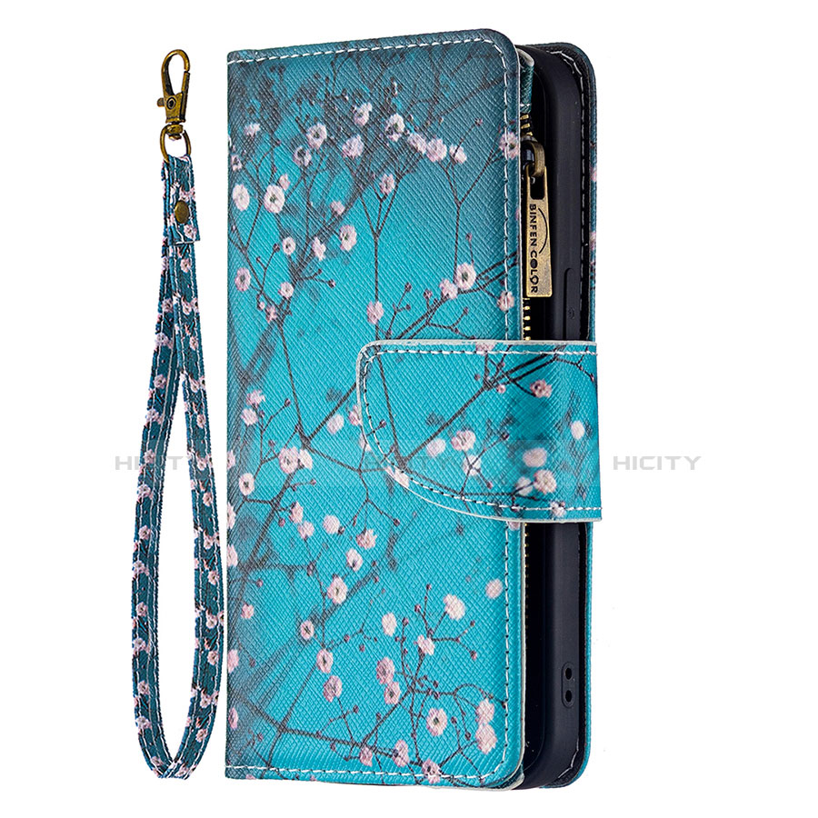 Handytasche Stand Schutzhülle Flip Leder Hülle Blumen L03 für Apple iPhone 13 Cyan