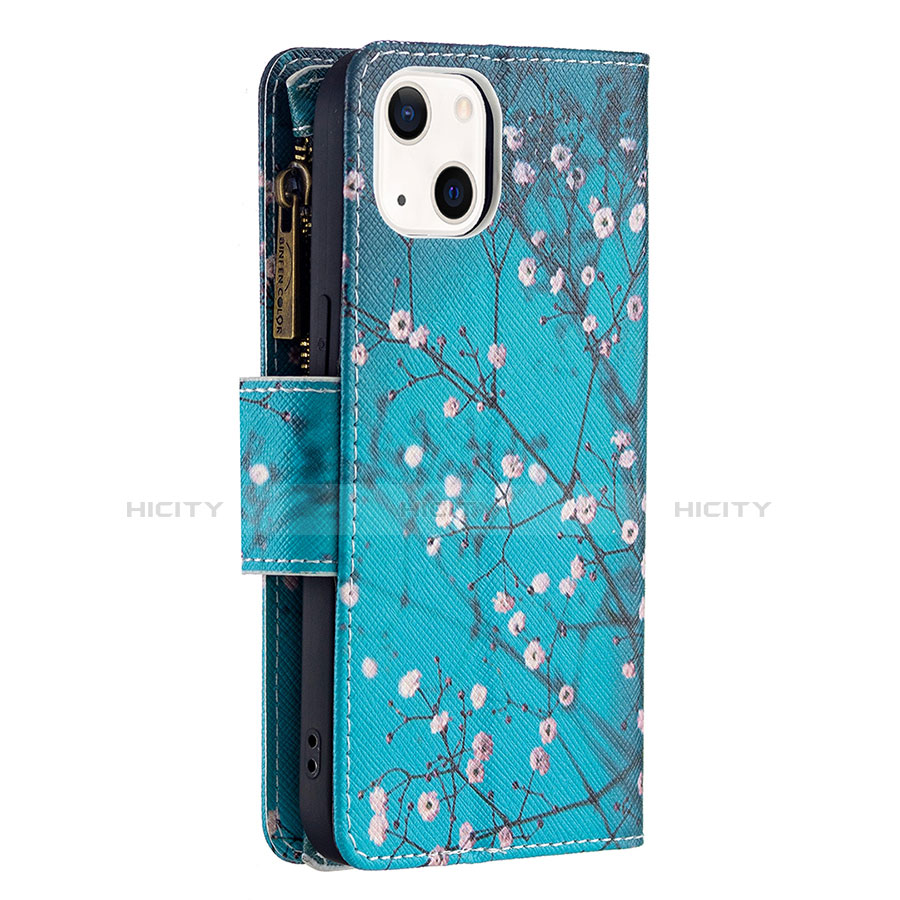 Handytasche Stand Schutzhülle Flip Leder Hülle Blumen L03 für Apple iPhone 13 Cyan