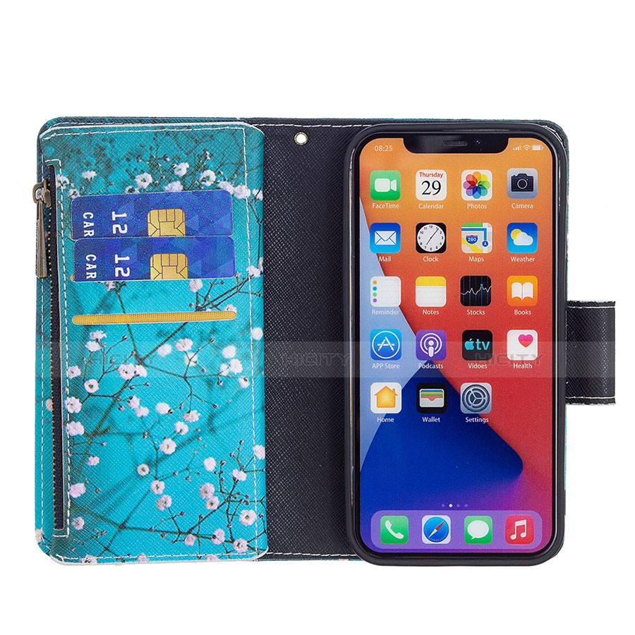 Handytasche Stand Schutzhülle Flip Leder Hülle Blumen L03 für Apple iPhone 13 Cyan