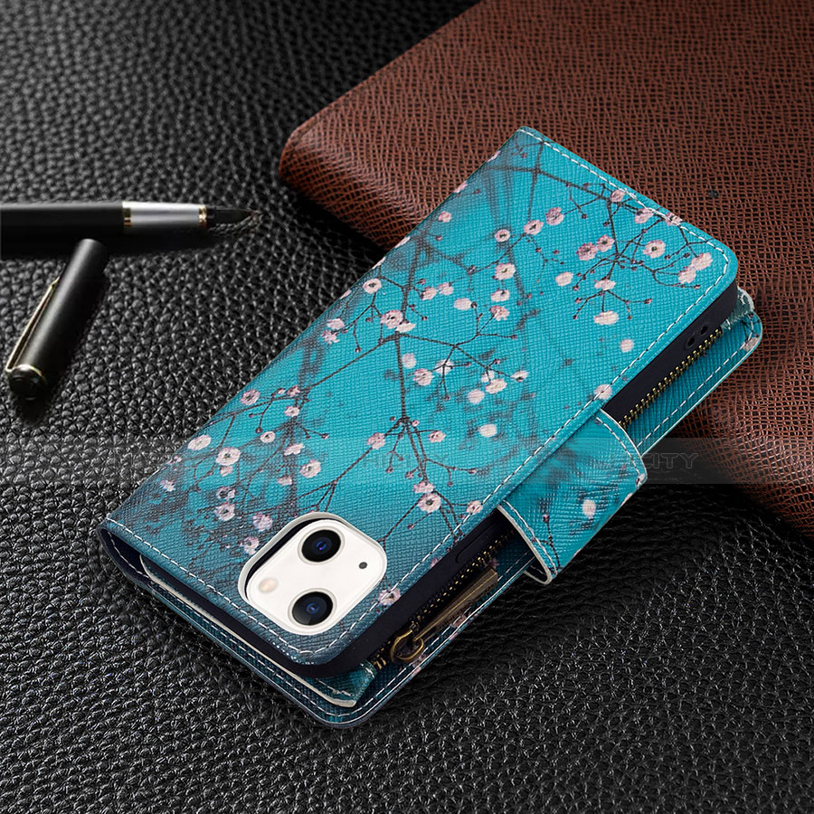 Handytasche Stand Schutzhülle Flip Leder Hülle Blumen L03 für Apple iPhone 13 Cyan