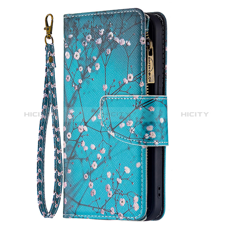 Handytasche Stand Schutzhülle Flip Leder Hülle Blumen L03 für Apple iPhone 15 Cyan