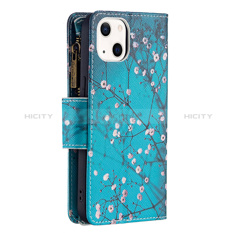 Handytasche Stand Schutzhülle Flip Leder Hülle Blumen L03 für Apple iPhone 15 Cyan