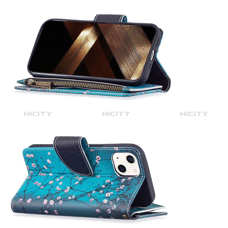 Handytasche Stand Schutzhülle Flip Leder Hülle Blumen L03 für Apple iPhone 15 Cyan