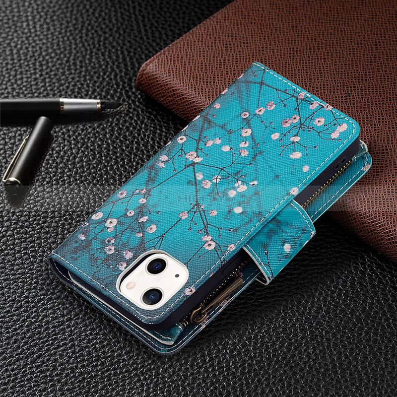 Handytasche Stand Schutzhülle Flip Leder Hülle Blumen L03 für Apple iPhone 15 Cyan