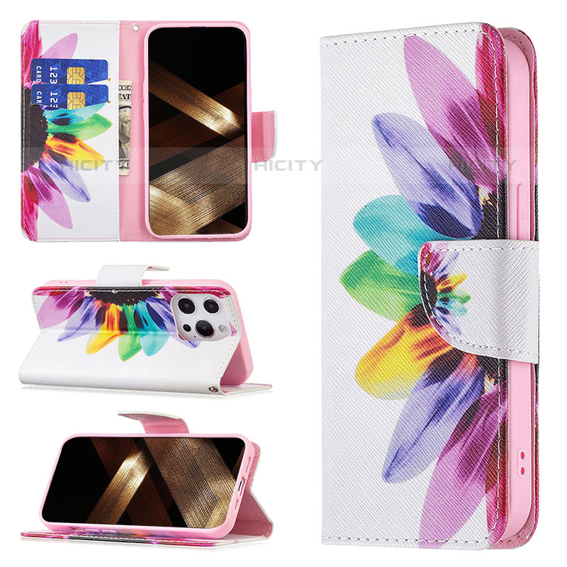 Handytasche Stand Schutzhülle Flip Leder Hülle Blumen L03 für Apple iPhone 15 Pro Max Rosa