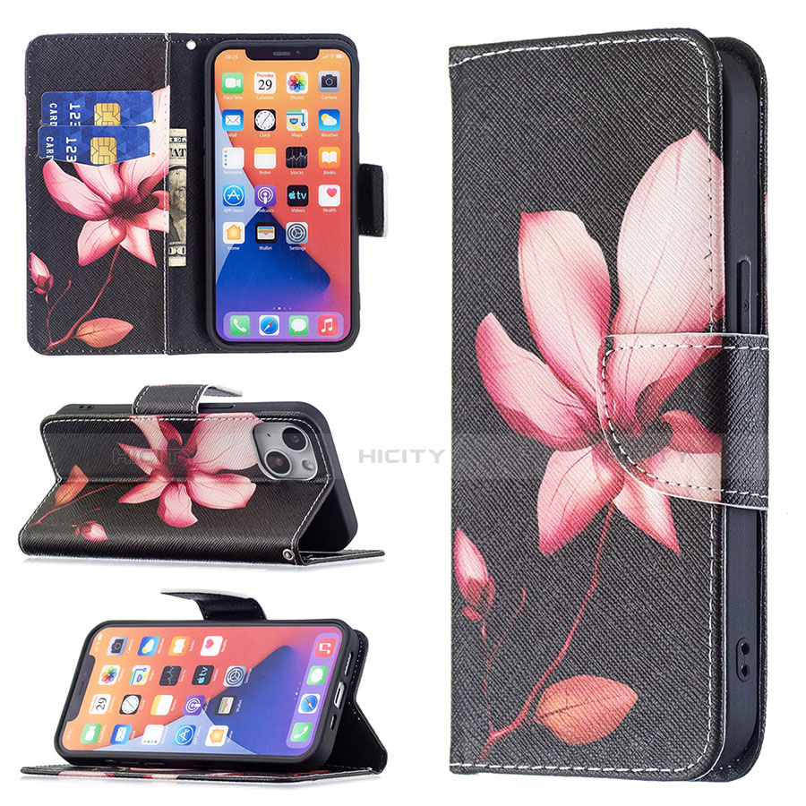 Handytasche Stand Schutzhülle Flip Leder Hülle Blumen L07 für Apple iPhone 14 Braun