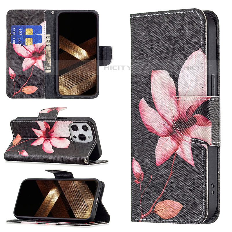 Handytasche Stand Schutzhülle Flip Leder Hülle Blumen L07 für Apple iPhone 15 Pro Max Braun