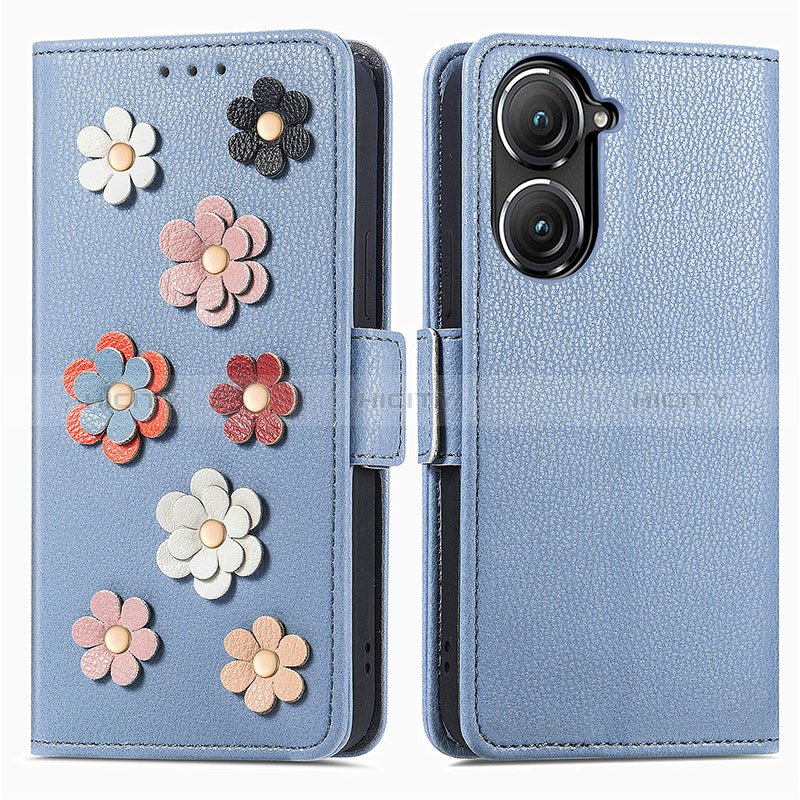 Handytasche Stand Schutzhülle Flip Leder Hülle Blumen S02D für Asus Zenfone 9 Blau