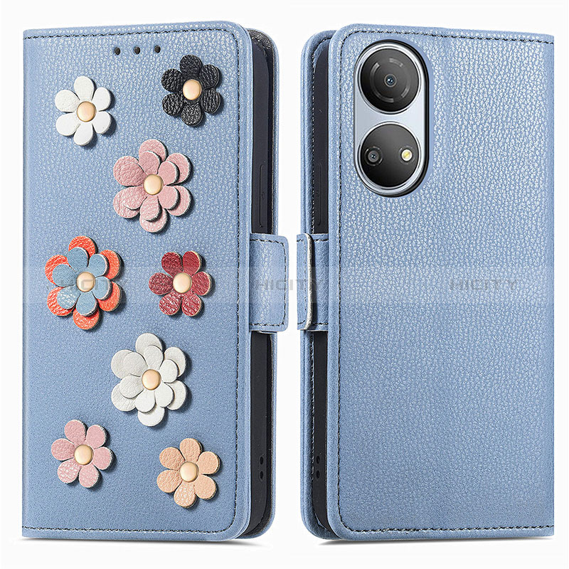 Handytasche Stand Schutzhülle Flip Leder Hülle Blumen S02D für Huawei Honor X7 Blau