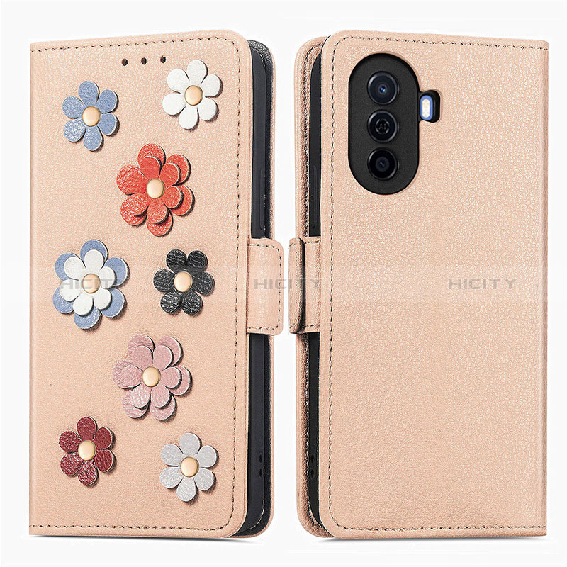 Handytasche Stand Schutzhülle Flip Leder Hülle Blumen S02D für Huawei Nova Y71 Kahki