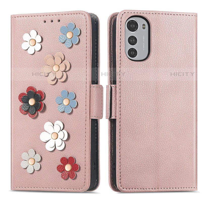 Handytasche Stand Schutzhülle Flip Leder Hülle Blumen S02D für Motorola Moto E32