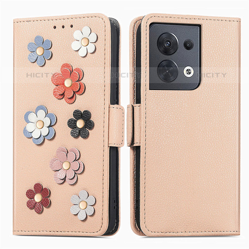 Handytasche Stand Schutzhülle Flip Leder Hülle Blumen S02D für Oppo Reno8 5G Kahki