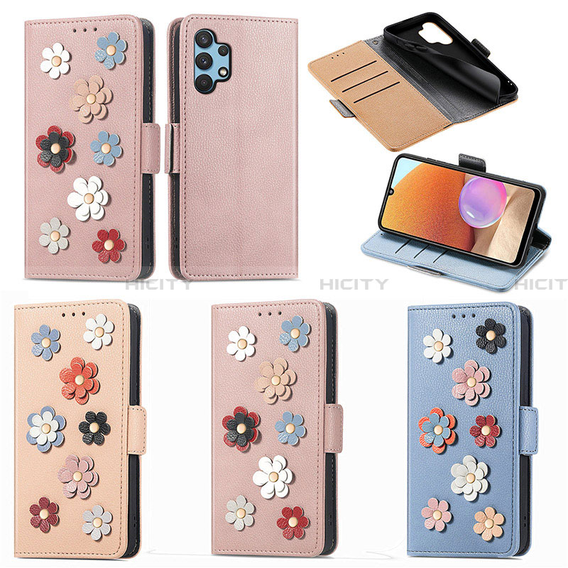 Handytasche Stand Schutzhülle Flip Leder Hülle Blumen S02D für Samsung Galaxy A32 4G groß