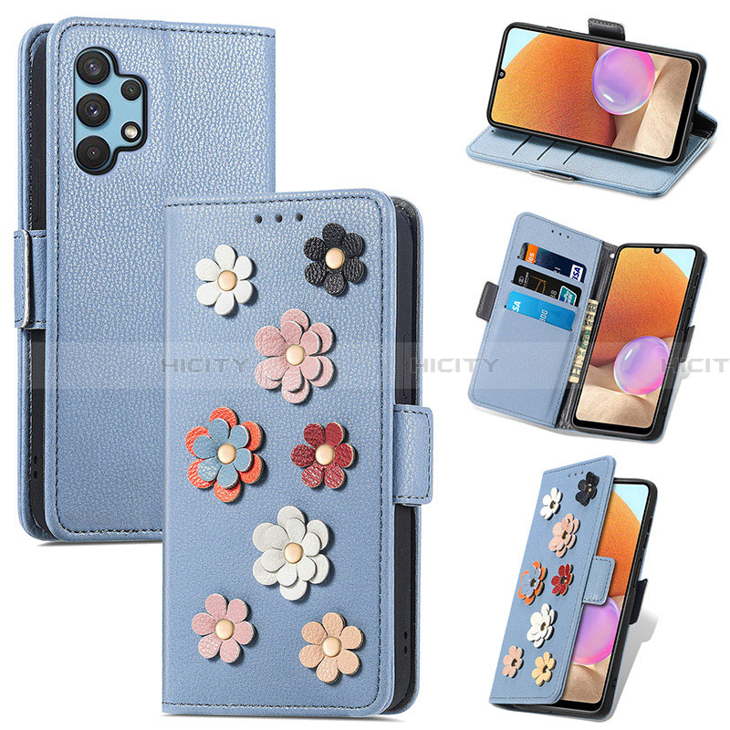 Handytasche Stand Schutzhülle Flip Leder Hülle Blumen S02D für Samsung Galaxy A32 4G groß