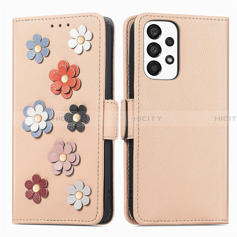 Handytasche Stand Schutzhülle Flip Leder Hülle Blumen S02D für Samsung Galaxy A33 5G Kahki