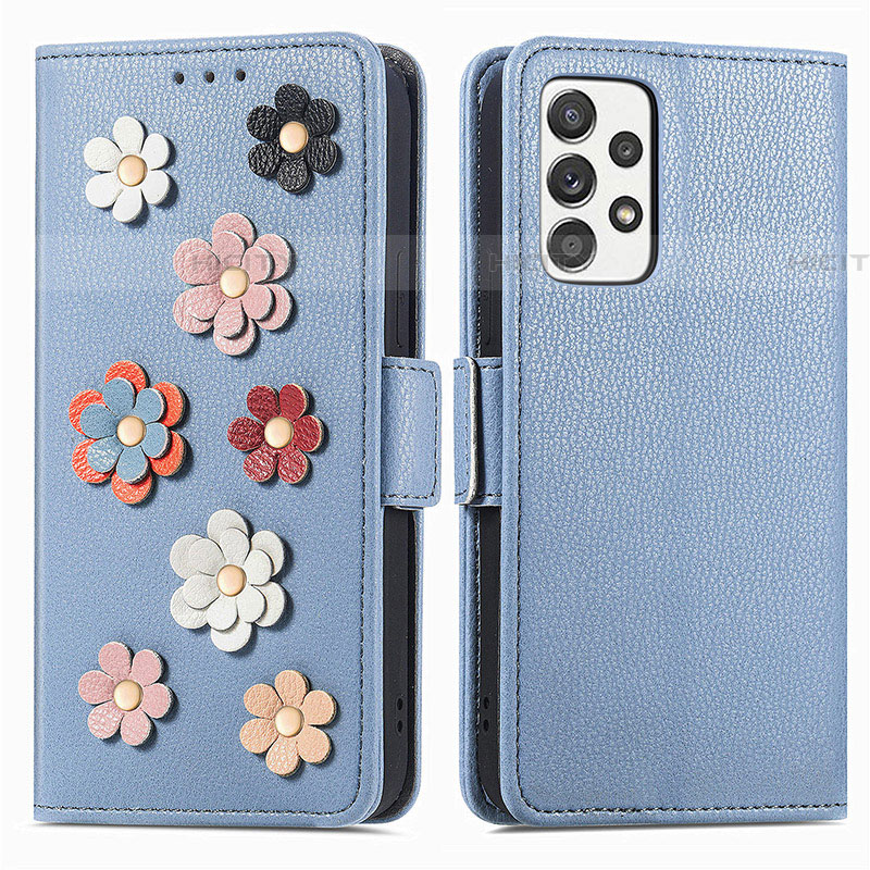 Handytasche Stand Schutzhülle Flip Leder Hülle Blumen S02D für Samsung Galaxy A52 4G Blau