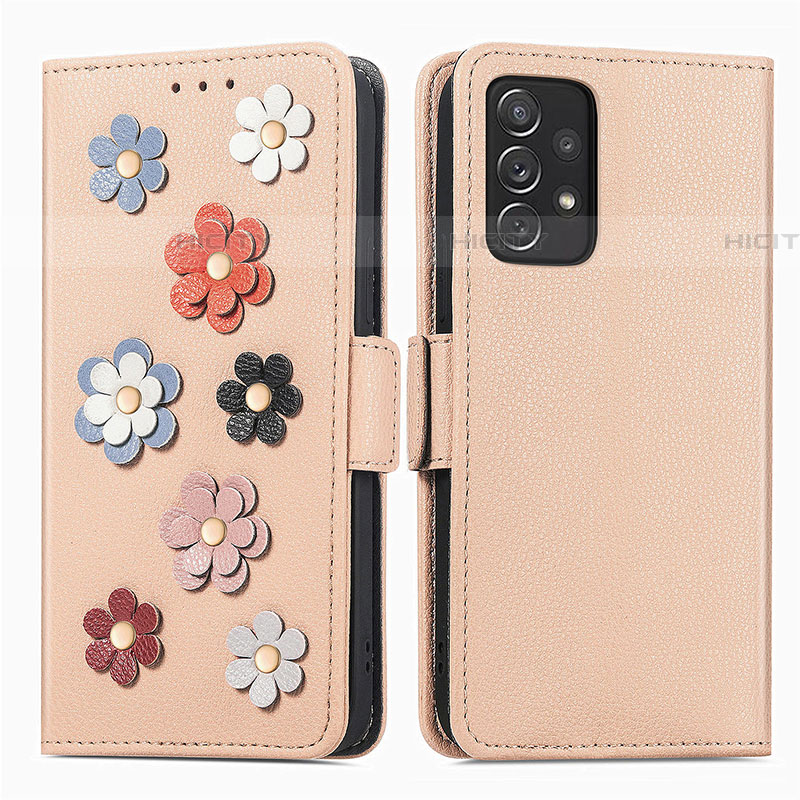 Handytasche Stand Schutzhülle Flip Leder Hülle Blumen S02D für Samsung Galaxy A72 4G Kahki