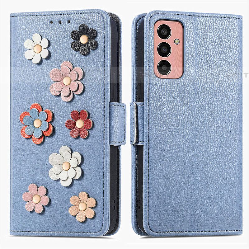 Handytasche Stand Schutzhülle Flip Leder Hülle Blumen S02D für Samsung Galaxy F13 4G Blau