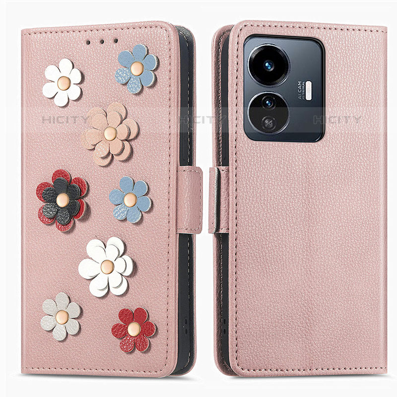 Handytasche Stand Schutzhülle Flip Leder Hülle Blumen S02D für Vivo iQOO Z6 Lite 5G Rosegold