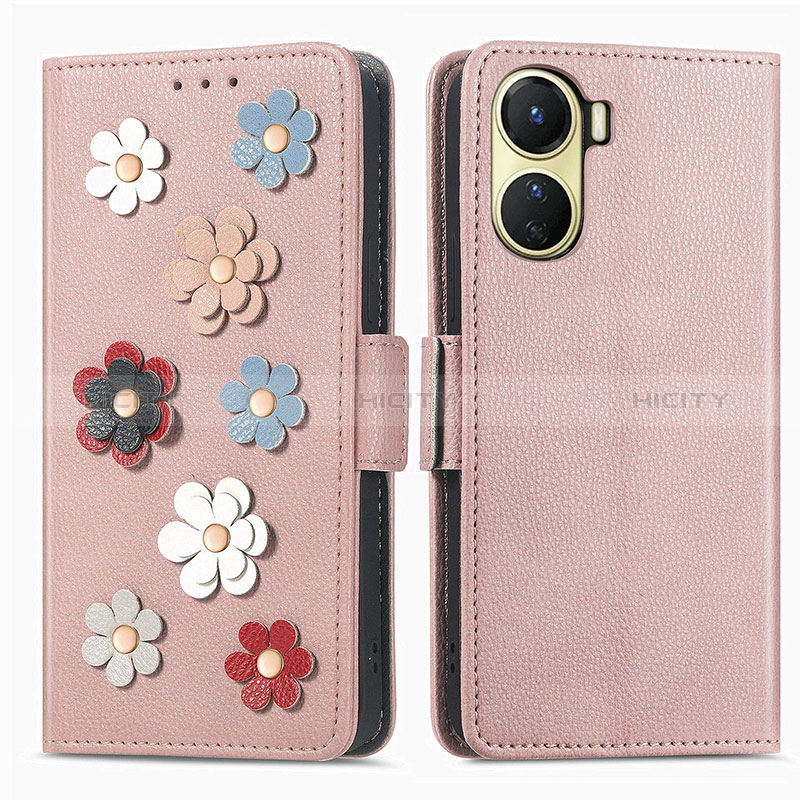 Handytasche Stand Schutzhülle Flip Leder Hülle Blumen S02D für Vivo Y16 Rosegold